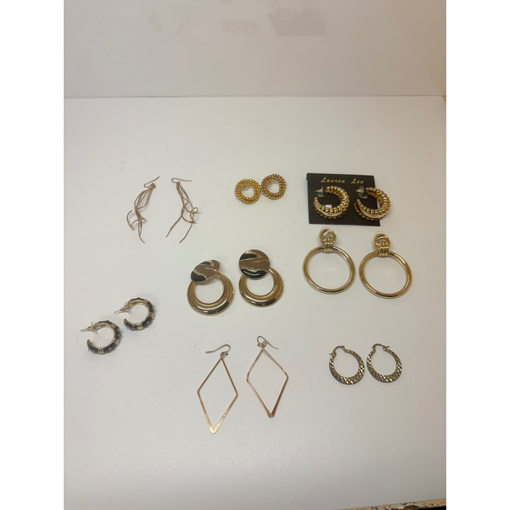 Vintage Gold Tone Earring Lot 8 Pairs Lauren Lee Hoops Dangles Door Knockers